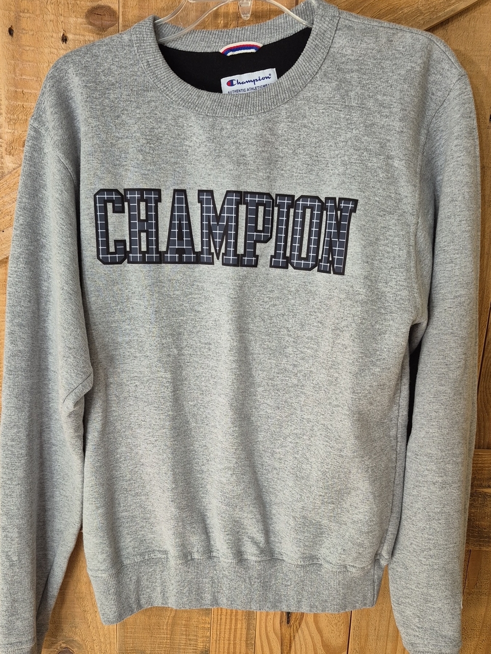 Champion Gray Crewneck Sweatshirt with Navy Grid Logo